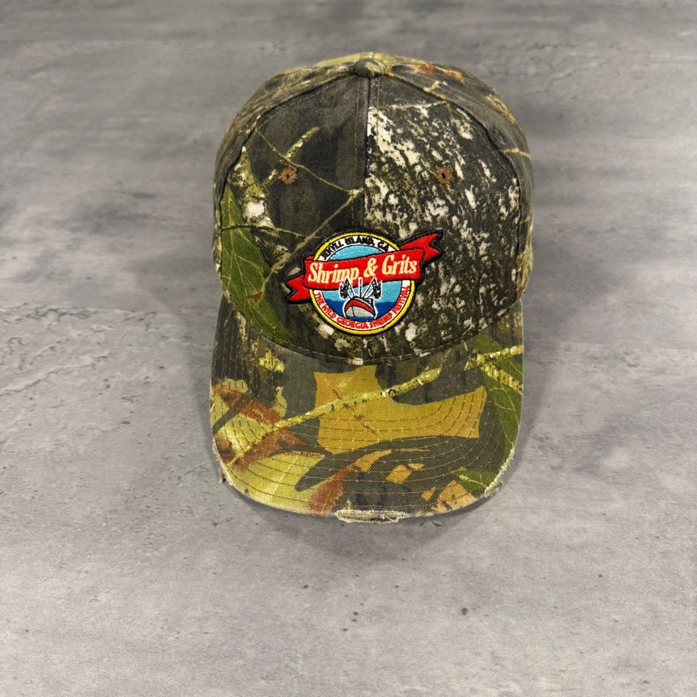 Jekyll Island Shrimp & Grits Festival Hat Camo Mossy Oak Distressed Brim Trucker